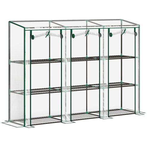 Outsunny 3 Tier Lean-to Mini Greenhouse with Reinforced Plastic Cover, Portable Indoor Outdoor Green House with 3 Roll-up Doors and 9 Wire Shelves, 151H x 215W x 46Dcm, Clear
