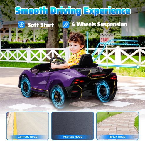 AIYAPLAY 12V Lamborghini Autentica Licensed Kids Electric Car with Butterfly Doors, Ride on Car with Remote Control, 4 Suspension Wheels, Soft Start, LED Lights, Music, Horn, Purple