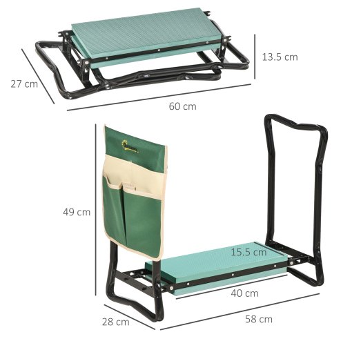 Outsunny 2 in 1 Garden Kneeler Seat, Kneeling Pad Support Bench, Foldable Knee Protector with Tool Bag, Green