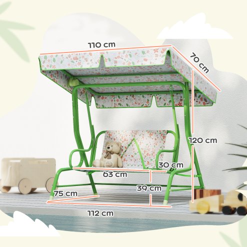AIYAPLAY Kids Garden Swing Seat, Outdoor Swing Chair with Adjustable Canopy, Safety Belt, 2 Seater Hammock Swing Bench for Patio, Porch, Garden, Green