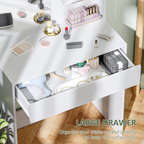 HOMCOM Dressing Table with Mirror, Modern Vanity Desk with Drawer and 3 Open Shelves, Makeup Desk for Bedroom, White