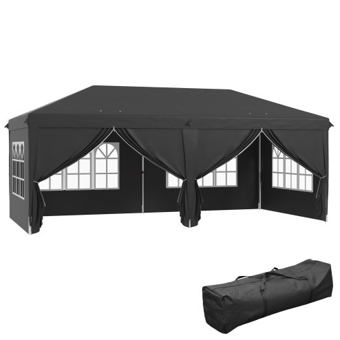 Outsunny 3 x 6 m Pop Up Gazebo with Sides and Windows, Height Adjustable Wedding Camping Party Tent Canopy Marquee with Storage Bag for Garden, Event, Black Image