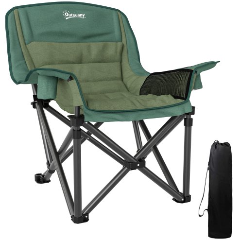 Outsunny Folding Camping Chair for Adults, Portable Padded Folding Chair with Cup Holders, Side Pockets and Carry bag for Picnic, Hiking, Fishing, Olive Green