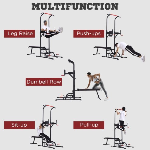HOMCOM Multifunction Power Tower Home Workout Dip Station w/ Sit-up Bench Push-up Bars and Tension Ropes Fitness Equipment Office Gym Training