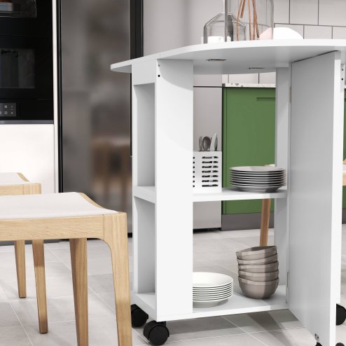 HOMCOM Mobile Folding Dining Table, Drop Leaf Table for Small Spaces with 2-tier Shelves, Small Kitchen Table With 6 Wheels, White