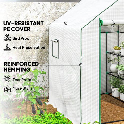 Outsunny Walk-in Greenhouse with 3 Tier 8 Shelves, Small Greenhouse with Reinforced PE Cover, Garden Plant Growhouse with Roll-up Door and Three Mesh Windows, 140 x 143 x 190 cm, White