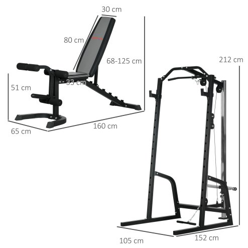 SPORTNOW Smith Machine & Cable Pulley System with Adjustable Weight Bench, Multifunction Home Gym Power Rack with Lat Pull Down System, Barbell Rack for Full Body Training, Black