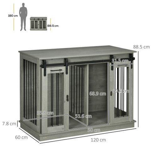 PawHut Dog Crate Furniture for Large Dog, Double Dog Cage for Small Dogs with Divider, Sliding Doors - Grey