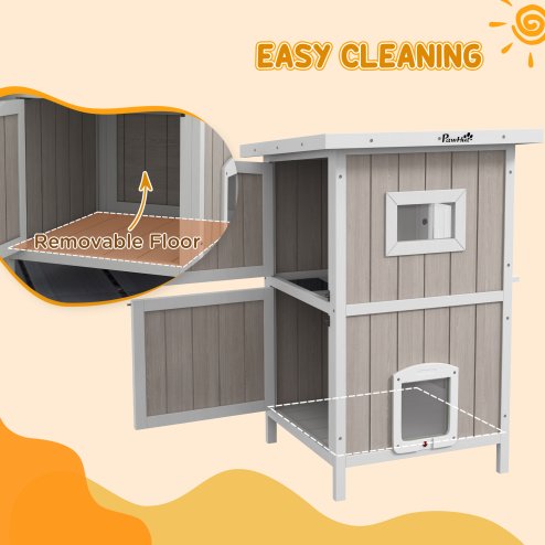 PawHut Outdoor Cat House, Wooden Cat Shelter 2 Tiers Feral Cat house with Removable Bottom, Escape Doors, Asphalt Roof, for 1-2 Cats - Light Grey