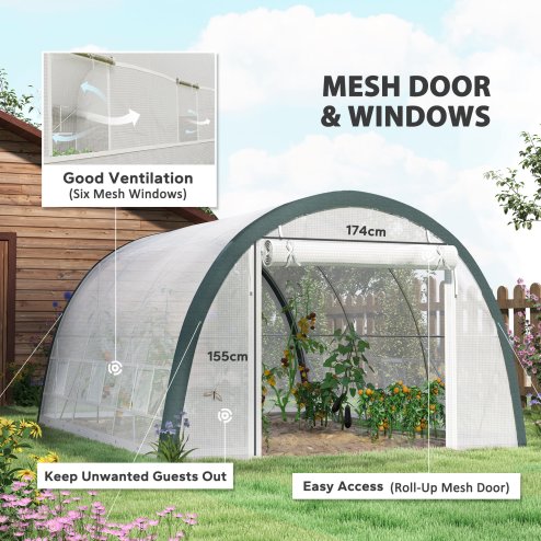 Outsunny 4 x 3(m) Walk-in Polytunnel Greenhouse with Upgraded Structure, Zipped Roll Up Mesh Door, 6 Mesh Windows, Tunnel Warm House Tent with PE Cover, 10 Plant Labels and Gloves, White
