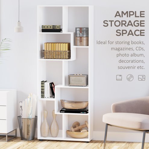 HOMCOM 8-Tier Freestanding Bookcase w/ Melamine Surface Anti-Tipping Foot Pads Home Display Storage Grid Stand Bedroom Living Room Furniture Modern Style 