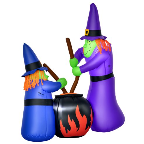HOMCOM 1.8m Inflatable Halloween Lawn Decoration with LED Witches Around A Black Cauldron Outdoor Air Blown Holiday Decor