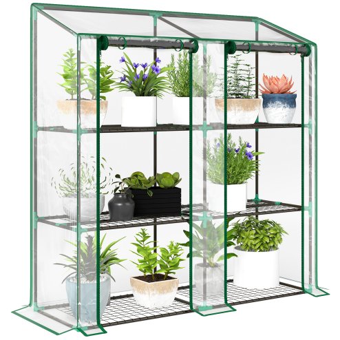 Outsunny 3 Tier Lean-to Mini Greenhouse with Reinforced Plastic Cover, Portable Indoor Outdoor Green House with 2 Roll-up Doors and 6 Wire Shelves, 151H x 143W x 46Dcm, Clear