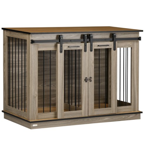 PawHut Dog Crate Furniture for Large Dog, Double Dog Cage for Small Dogs with Divider, Sliding Doors - Oak Tone