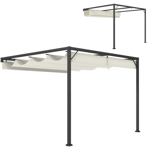 Outsunny 3 x 3(m) Outdoor Lean To Pergola Retractable Canopy Wall Mounted Gazebo Patio Shelter Sun Shade, Cream White