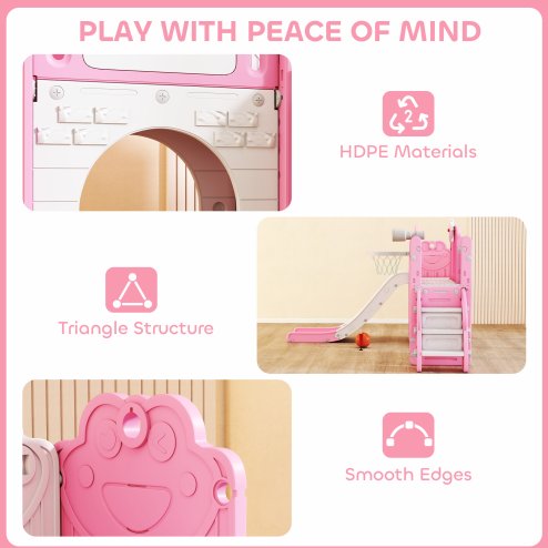 AIYAPLAY 7 in 1 Toddler Slide Set with Basketball Hoop, Outdoor & Indoor Frog Theme Playset with Climbing Frame, Telescope, Drawing Board, Storage Box for Toddlers Ages 1-3, Pink