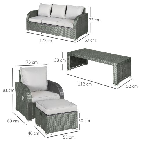 Outsunny Rattan Garden Furniture 7 Seater Sofa & Coffee Table Footstool Set Outdoor Patio Wicker Weave Reclining Chair Space-saving - Light Grey