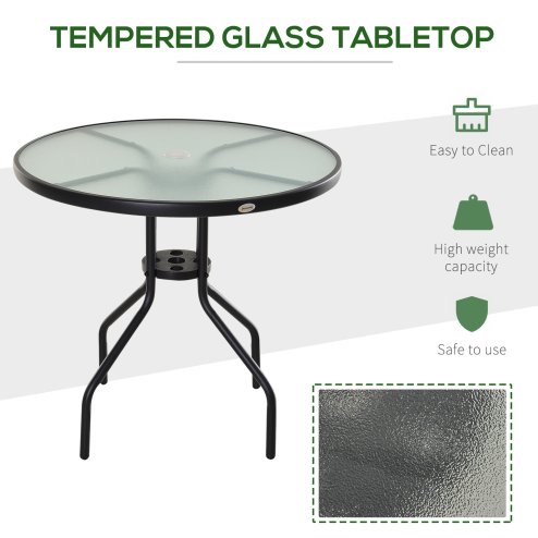 Outsunny 80 cm Round Garden Dining Table with Parasol Hole for 4, Outdoor Coffee Bistro End Side Table with Tempered Glass Top and Steel Frame for Patio, Porch, Black