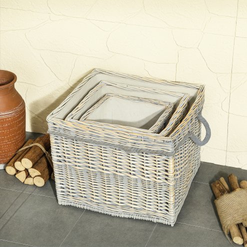 Outsunny Set of 3 Log Baskets for Wood Burner Indoor, Round torage Basket with Lining and Rope Handles for Fireside Storage, Blankets, Beige