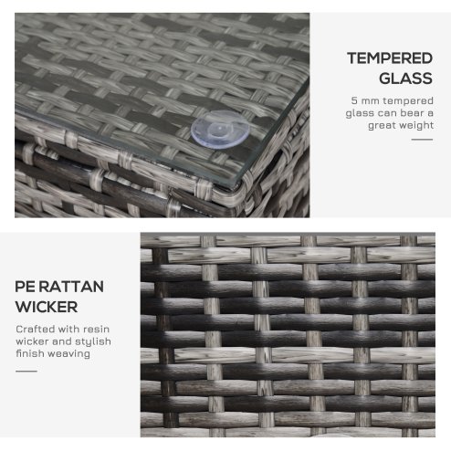 Outsunny PE Rattan Coffee Table, Rectangular Outdoor Coffee Table with Tempered Glass Top, 70 KG Capacity for Garden, Balcony, Terrace, Patio, Mixed Grey