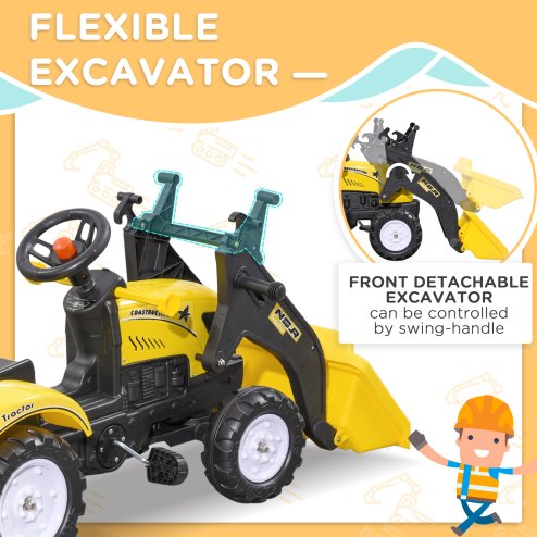 HOMCOM Kids Pedal Go Kart, Children Ride on Digger, Ride on Toy Car, Excavator Tractor Digger Dumper for Kids 3 Years, Yellow