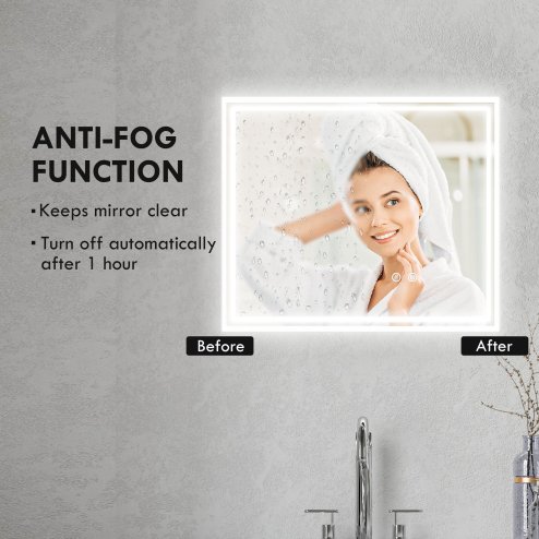 kleankin Bathroom Mirror with LED Lights, Dimmable Makeup Mirror with 3 Temperature Colours, Defogging Film, Memory Function and Aluminium Frame, Hardwired, Horizontal and Vertical, 60 x 50?cm