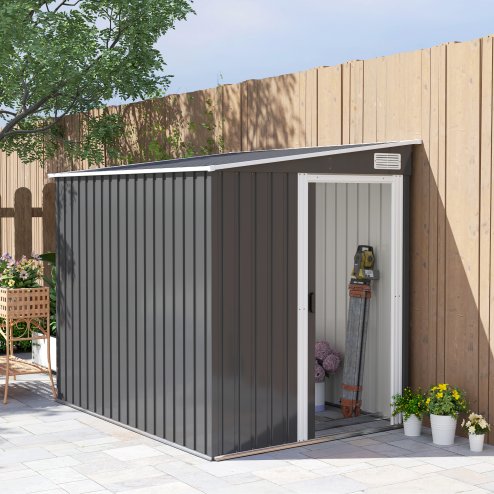 Outsunny 7 x 5FT Galvanised Metal Garden Shed with Foundation, Lean to Shed, Tool Storage House with Sliding Doors, 2 Vents, Adjustable Shelves and Hooks, Dark Grey