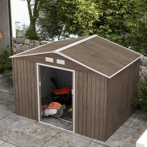 Outsunny 9 x 6ft Metal Garden Shed, Outdoor Storage Tool House with Ventilation Slots, Foundation Kit and Lockable Double Doors, Light Brown