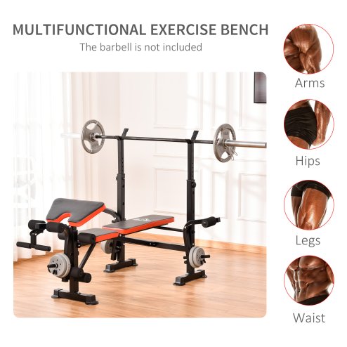 HOMCOM Adjustable Weight Bench with Leg Extension, Barbell Rack, Preacher Curl Pad, Butterfly, Multi-Function Home Gym Bench for Strength Training, Red