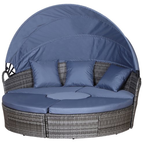 Outsunny PE Rattan Lounge Set, 5 Pieces Patio Conversation Furniture Set, Garden Round Sofa Bed with Cushion and Retractable Canopy, Grey Image
