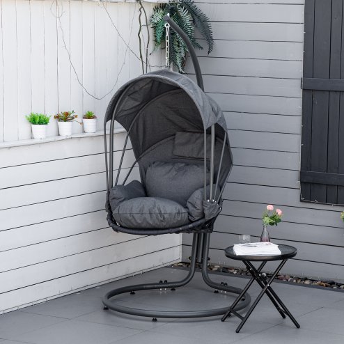 Outsunny Hanging Egg Chair with Cushion and Retractable Canopy, Swing Hammock Chair with Adjustable Metal Stand, for Indoor and Outdoor, Grey