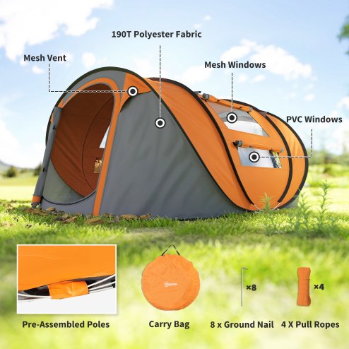 Outsunny 4 Person Pop-up Camping Tent Family Tent with Ground Sheet, 4 Windows and Portable Carry Bag for Beach Outdoor Trip