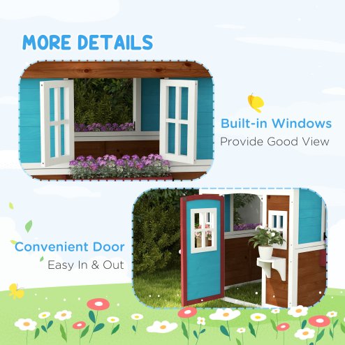 Outsunny Wooden Playhouse for Kids Outdoor Wendy House with Doors, Windows, Plant Pots, Boxes, for 3-8 Years - Dark Brown