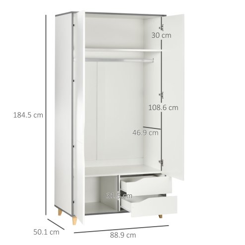 HOMCOM 2 Door Wardrobe with 2 Drawers, Storage Cupboard with Clothes Hanging Rail, Shelves and Anti-tipping Design, Modern Bedroom Furniture, White