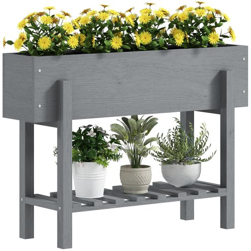 Outsunny Wooden Raised Garden Bed, Elevated Planter Box with Bed Liner, Drainage Holes and Storage Shelf, Raised Planter for Vegetables, Flowers, Herbs, 100 x 30 x 71 cm, Grey