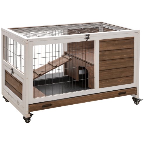 PawHut Indoor Rabbit Cages Guinea Pig Hutch, with Openable Roof, Wheels, Indoor Enclosed Run with No-Leak Tray, Brown