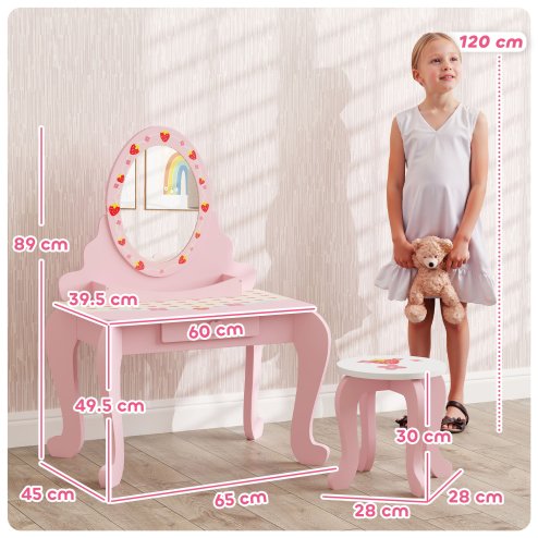 AIYAPLAY Kids Dressing Table Set, Two-Piece Children Vanity Table with Stool, Mirror, Drawer, Desktop Storage, Strawberry-Theme Makeup Desk, Chair, Pink