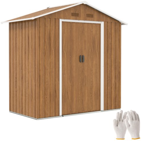 Outsunny 6.5 x 3.5ft Metal Garden Shed, Outdoor Storage Shed for Tool Organization with Double Sliding Doors and 4 Vents for Garden, Patio, Brown Wood Effect