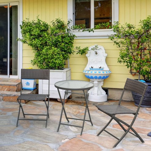 Outsunny 3 Pieces Rattan Bistro Set, Wicker Folding Garden Furniture Set with Round Glass Top Coffee Table and Chairs for Outdoor, Patio, Balcony, Brown