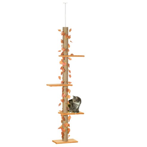 PawHut 242cm Floor to Ceiling Cat Tree for Indoor Cats with Leaves, Height Adjustable Cat Climbing Tower with Scratching Post, Anti-Slip Kit - Orange
