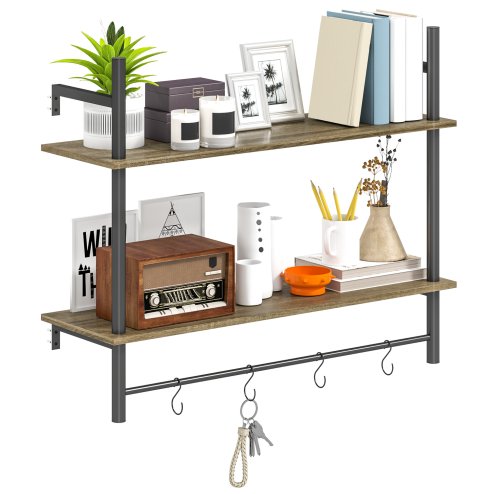 HOMCOM Floating Shelves, 80CM Wall Mounted Shelf with 4 Hooks, Rustic Wood Display Shelf for Living Room, Entryway, Bedroom, Grey