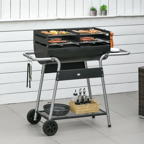 Outsunny Charcoal Barbecue Grill BBQ Trolley with Double Grill, Adjustable Grill Height, Side Table, Storage Shelf, and Wheels for Outdoor Cooking, 130 x 51 x 111cm, Black