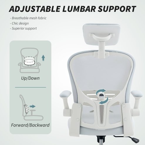 Vinsetto High Back Office Chair, Mesh Computer Desk Chair with Rotatable Headrest, 4D Lumbar Support, Flip-up Arm, Adjustable Height, White