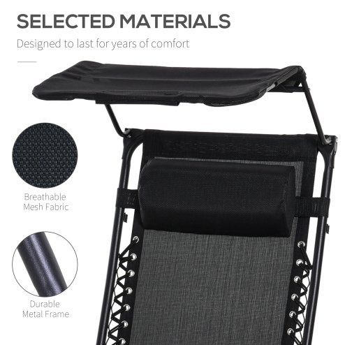 Outsunny Foldable Reclining Garden Chair with Headrest, Zero Gravity Deck Sun Lounger Seat Chair with Footrest, Armrest, Cup Holder & Canopy Shade, Black