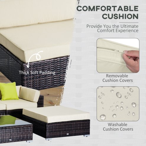Outsunny 6 Pieces Rattan Garden Furniture Set, 5 Seater Garden Sofa Set with Thickened Cushions, Glass Top Coffee Table and Ottomans, Outdoor Sectional Conservatory Furniture with Pillows, Brown