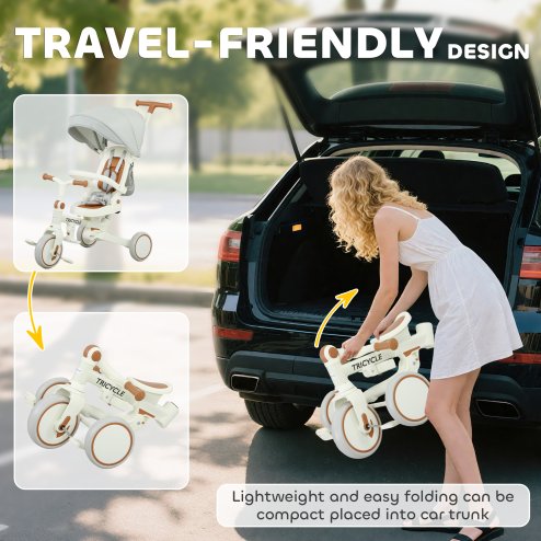 AIYAPLAY Kids Trike, Foldable Toddler Tricycle 5 in 1 with Adjustable Parent Handle & Removable Canopy, 5-point Safety Harness, Footrest, Storage Bag, for Ages 1-3 Years, Cream White