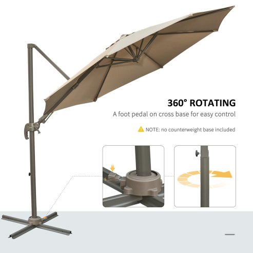 Outsunny 3(m) Cantilever Parasol 360 Rotation Roma Umbrella Hanging Sun Shade with Aluminium Frame, Tilt Crank, 8 Ribs and Cross Base, Khaki
