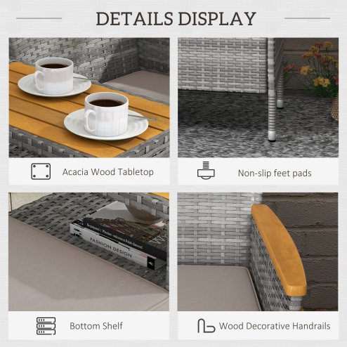 Outsunny 2 Seat Rattan Garden Bench, Patio Wicker Chair with Acacia Wood Top Middle Table, Outdoor PE Rattan Love Seat with Padded Cushions, Decorative Handrails, Grey