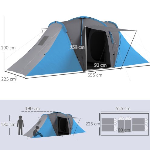 Outsunny 4-6 Man Tunnel Tent with 2 Bedroom and Living Area, Large Camping Tent, 2000mm Waterproof, Portable with Bag, for Fishing Hiking Festival, Grey and Blue