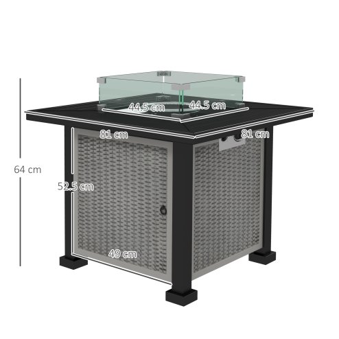 Outsunny Square Propane Gas Fire Pit Table, 50000 BTU Rattan Smokeless Firepit Patio Heater with Glass Screen, Glass Beads and Lid, 81cm x 81cm x 64cm, Grey